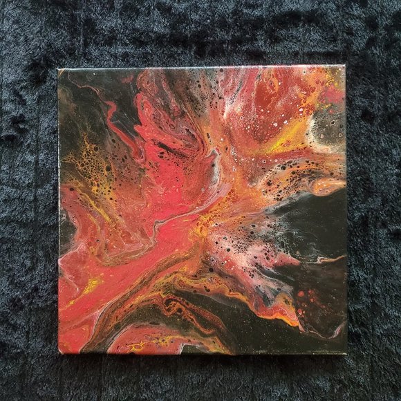 12x12" Abstract Fire Acrylic Pour Painting - Picture 1 of 2
